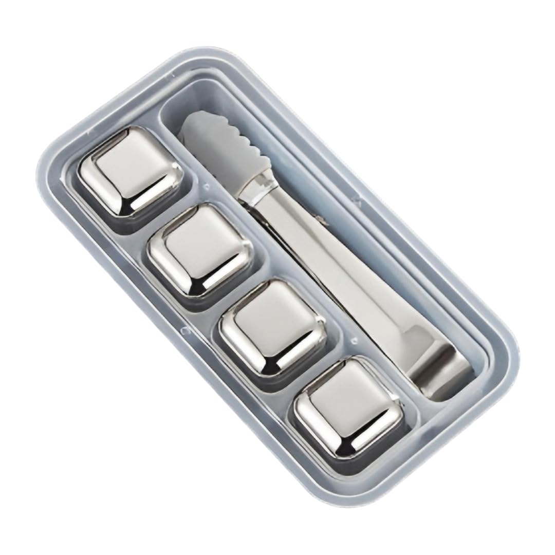 Stainless Steel Reusable Ice Cubes with Tongs – Set of 4