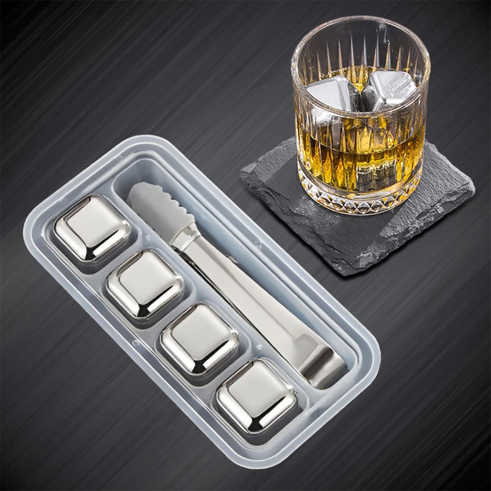 Stainless Steel Reusable Ice Cubes with Tongs – Set of 4
